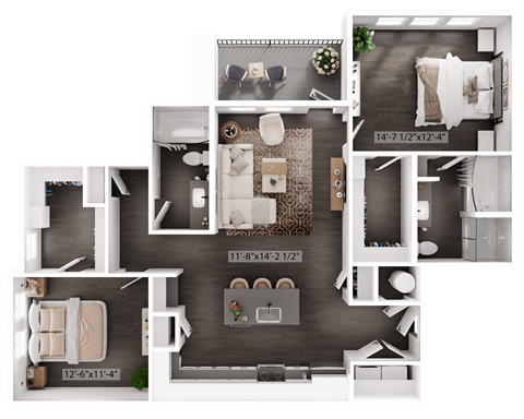 Floor plan for 2 beds, 2 baths, 1162 sqft